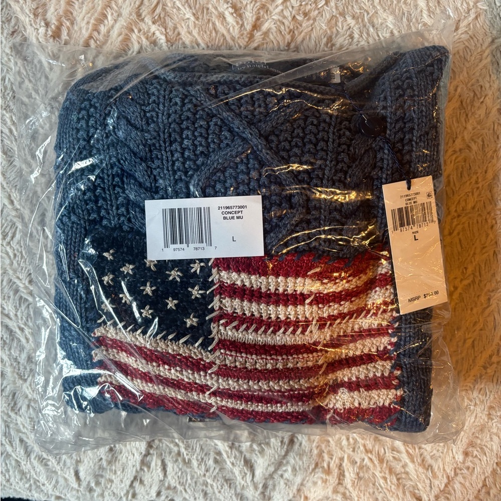 NWT Polo Ralph Lauren Navy Cable Knit Aran Sweater with Flag - Picture 5 of 5